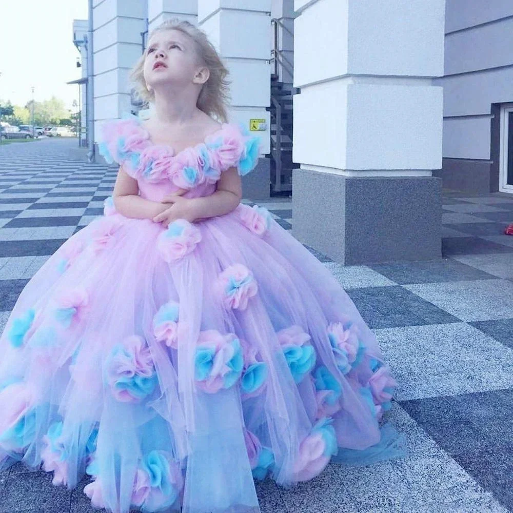 Girls Princess Dress Floral Applique Tulle Ball Gown Off Shoulder Puff Sleeve Formal Party Dress Kids Pageant Costume