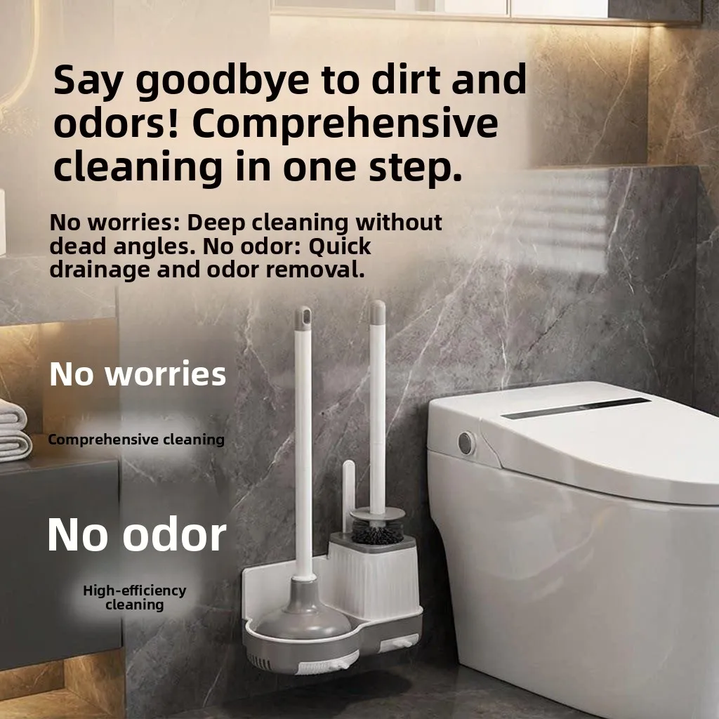 

Three-in-One Toilet Brush Set Household No Dead Angle Wall-Mounted New Model with Base Plunger Cleaning Tool Durable Plastic