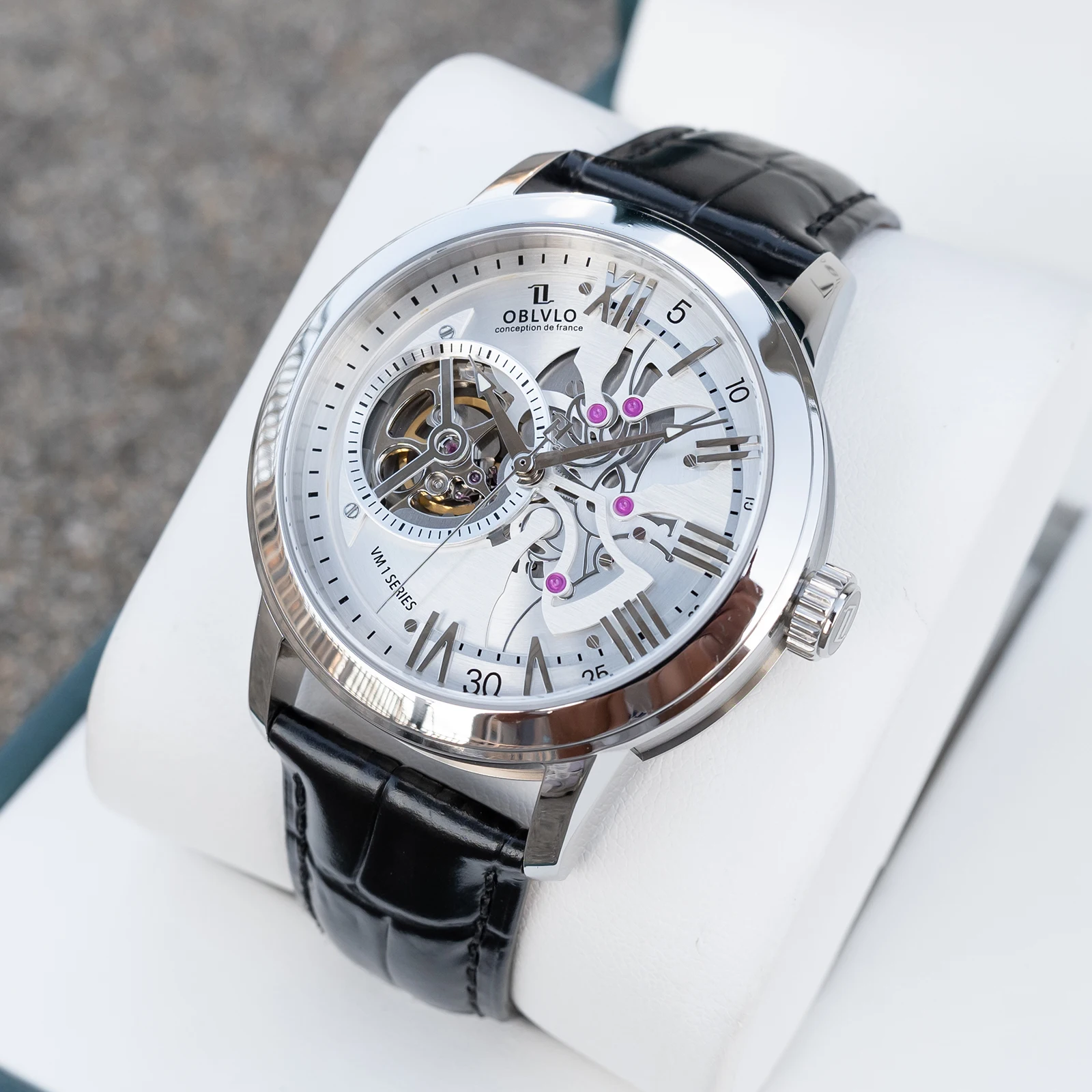 OBLVLO Unique Hollow-out Automatic Watch for Men Stainless Steel 42mm White Dial Leather Strap Classic Mechanical Watches VMQ-ND