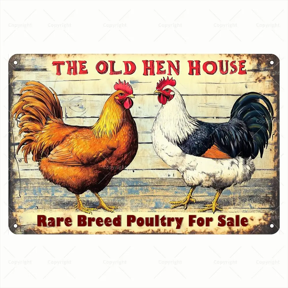 Vintage Tin Sign - The Old Hen House Rare Breed Poultry for Sale Rooster Pair Design Retro Metal Sign - Humorous Tin Sign for Co