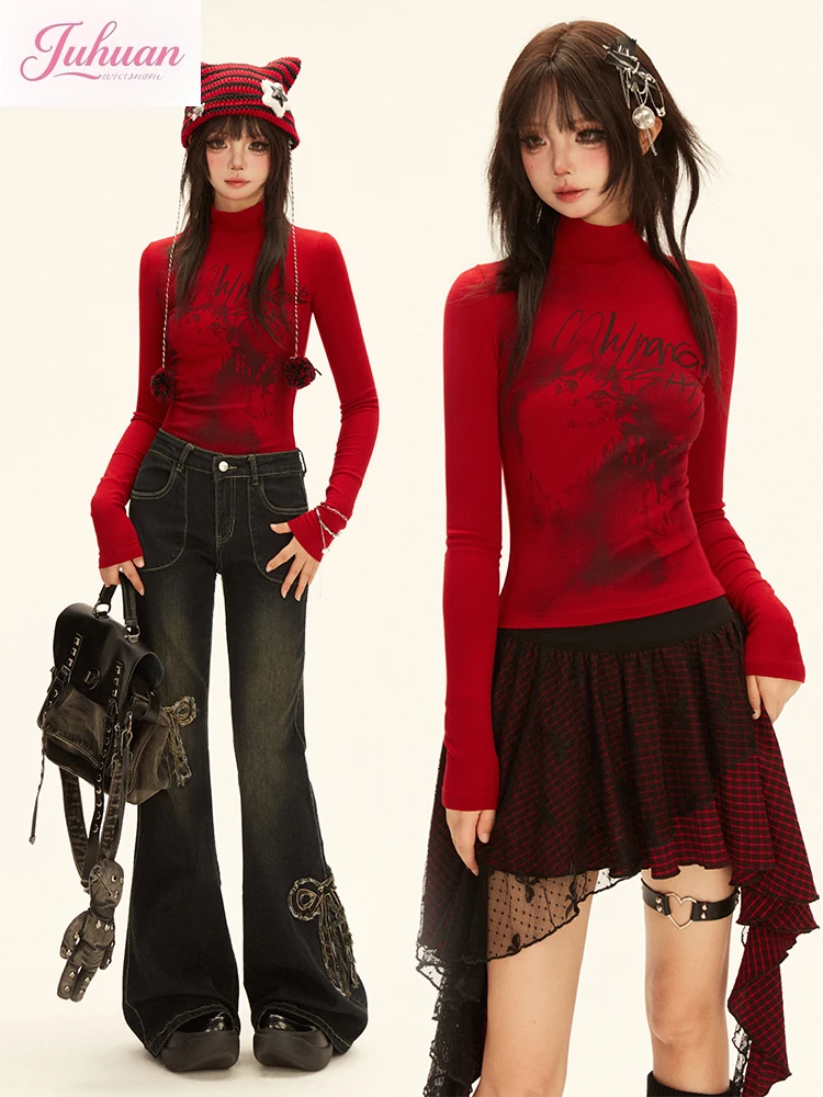 

Subculture Y2k Red Long-sleeved T-shirt Women's Autumn New Spice Girl Slim and Thin Semi-turtleneck Inner Bottoming Shirt Top