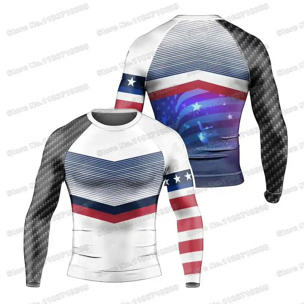 American Flag Rash Guards Surfing Jersey Beach Trousers Swimwear Diving Gym Long sleeves MMA BJJ Men Jiu Jitsu Fitness Sets