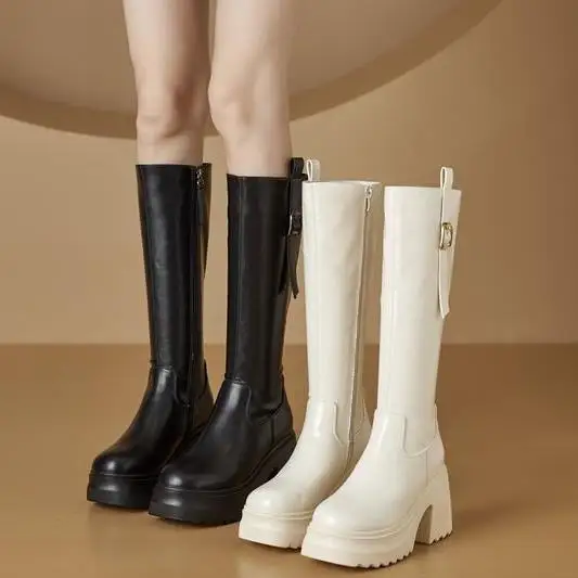 

High-Top Slim Booties Women's Fashion Boots Increased Height Genuine Leather Long Boots Autumn Winter round Toe Zipper Closure