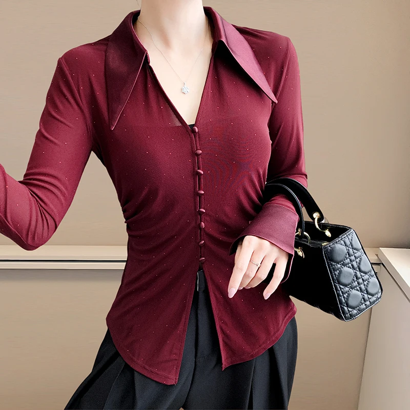 

Black,Spring,Korean,Style,Blouse,Fashion,Sexy,V-Neck,Draped,Button,Shiny,Diamonds,Women,Long Sleeve,Cardigan,Slim,Tops,591502