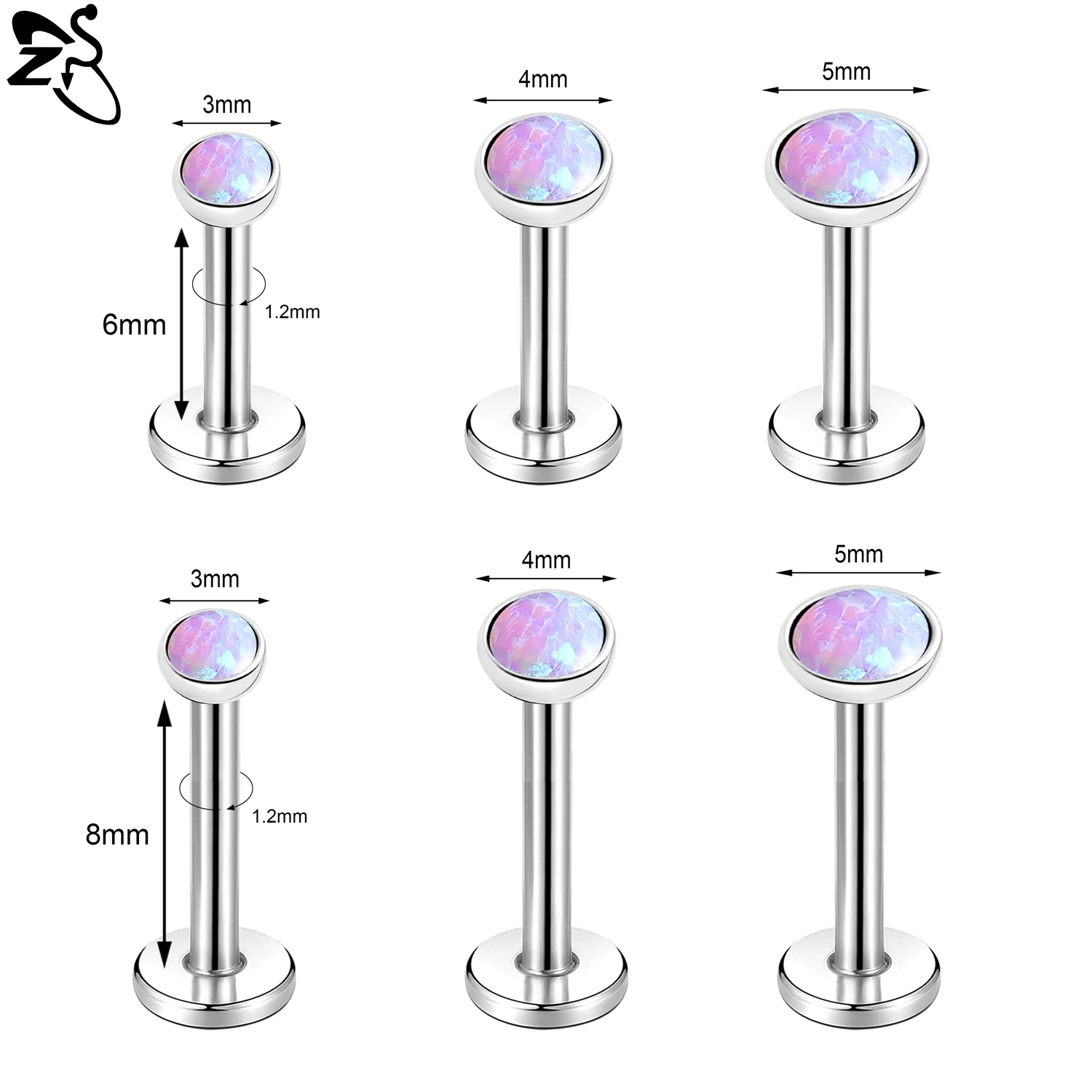 16G Stainless Steel Opal Lip Stud, Internal Thread