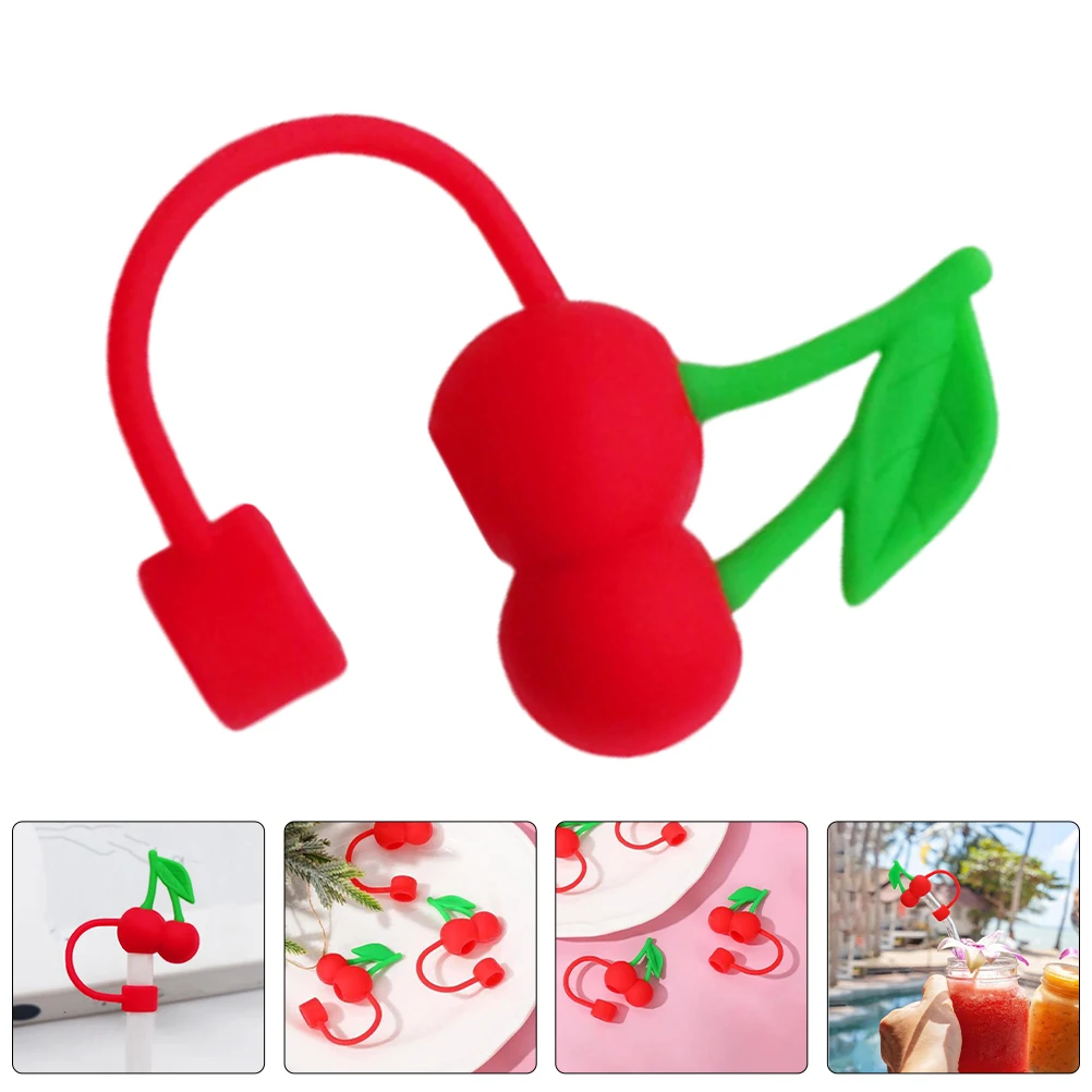 

Cherry Straw Cap Cute Reusable Tips Drinking Covers Accessories Fruit Silicone Pipette