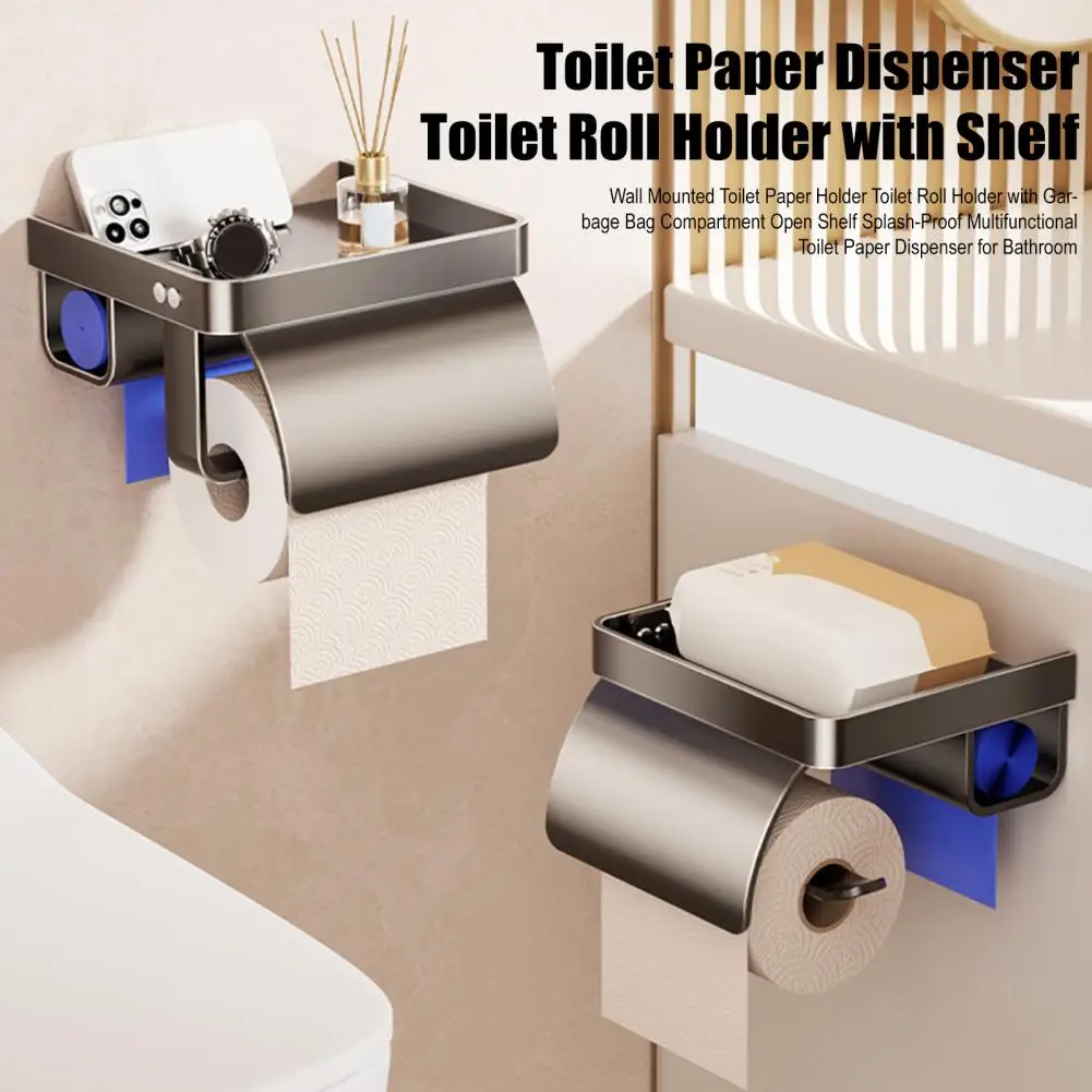 Wall Mounted Toilet Paper Holder Toilet Roll Holder with Garbage Bag Compartment Open Shelf Splash-Proof Multifunctional Toilet