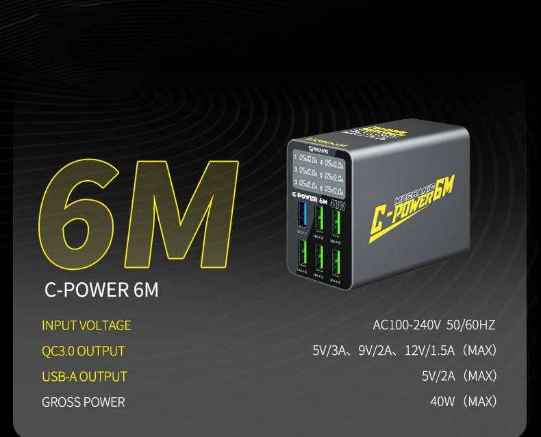 MECHANIC C-Power 6-poorts USB-snellader, multi-poort oplaadstation met digitaal display, desktoplader voor mobiele telefoons en tablets