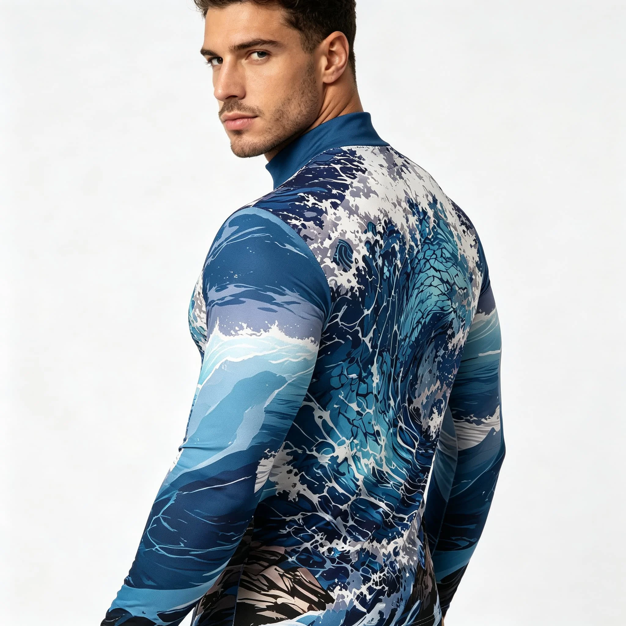 Vintage Ocean Surf Wave Print Men Mock Neck Long Sleeve Tee Nature Landscape Graphic Top For Daily Casual Wear - view 4
