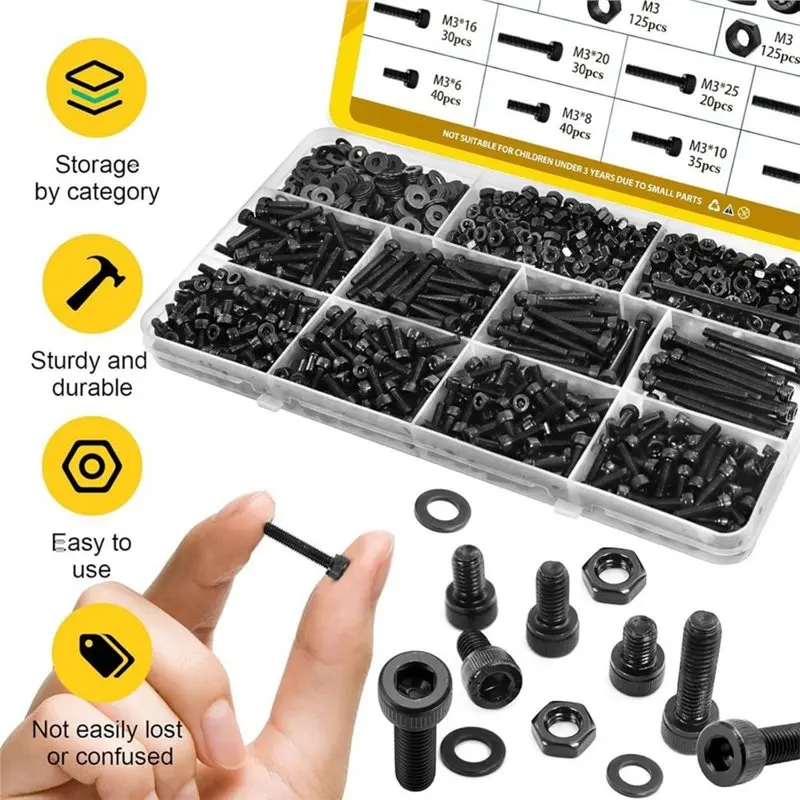 ABLN-750PCS M3 Screws Assortment Kit, M3x6/8/10/12/16/20/25/30 Mm Hex Socket Head Bolts For 3D Printer,DIY