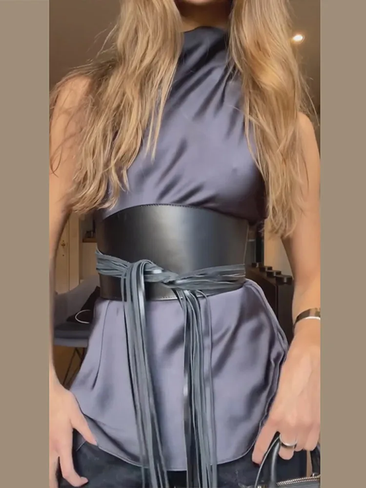 Black Long Tassel Women's Corset Faux Leather Irregular High Street Lady Fashion Casual Female Cummerbund 2026 All-matching