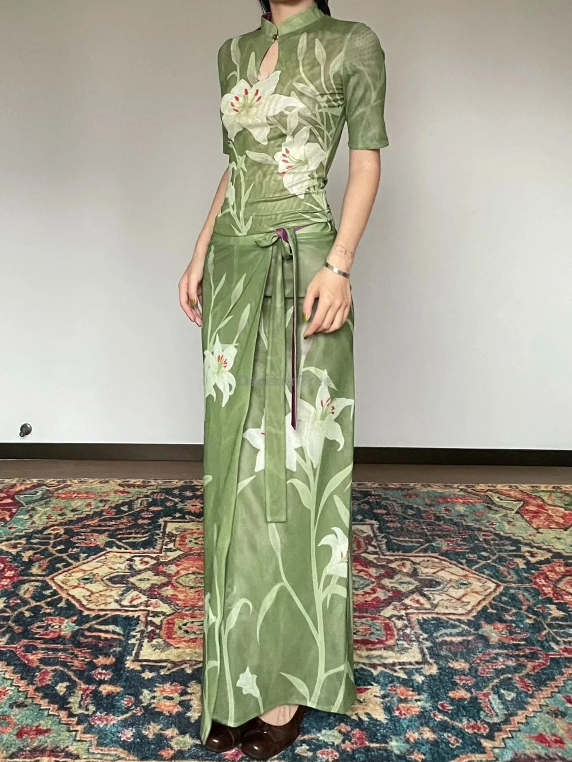 Chinese Style Reversible Women Spring/Summer Retro Satin lily Flower Printing Shirt Slim cheongsam Top+ Half Skirt Two Piece Set