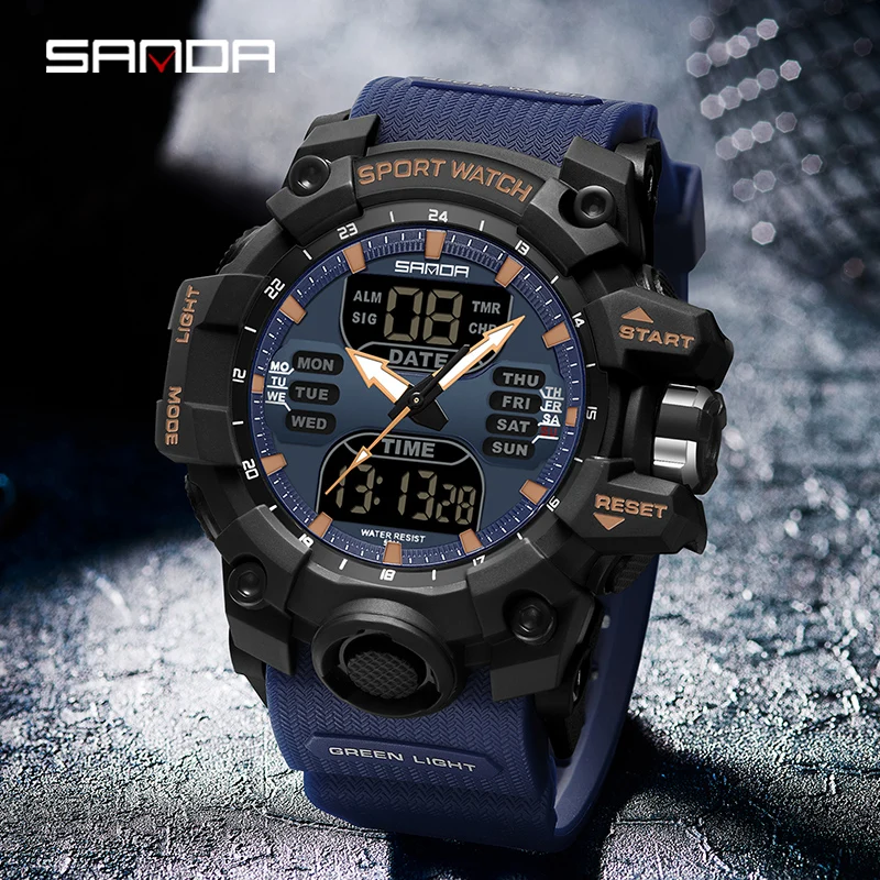 SANDA G Style Step Calorimeter Single Electronic Watch Nightlight Waterproof Sports Double Display LED Digital Quartz Men Watch