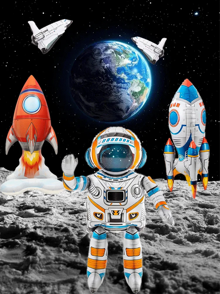 Grand vaisseau spatial en aluminium 4D, ballons d'astronaute debout, grande fusée, jouet pour enfant garçon, planète de l'espace, décoration de fête d'anniversaire