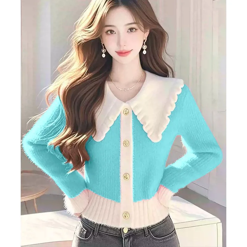 우아한 배색 니트 스웨터 여성용 2026 신상 슬림 봄 가을 겨울 스웨터 탑 한국 여성들에게 높은 평가를 받음