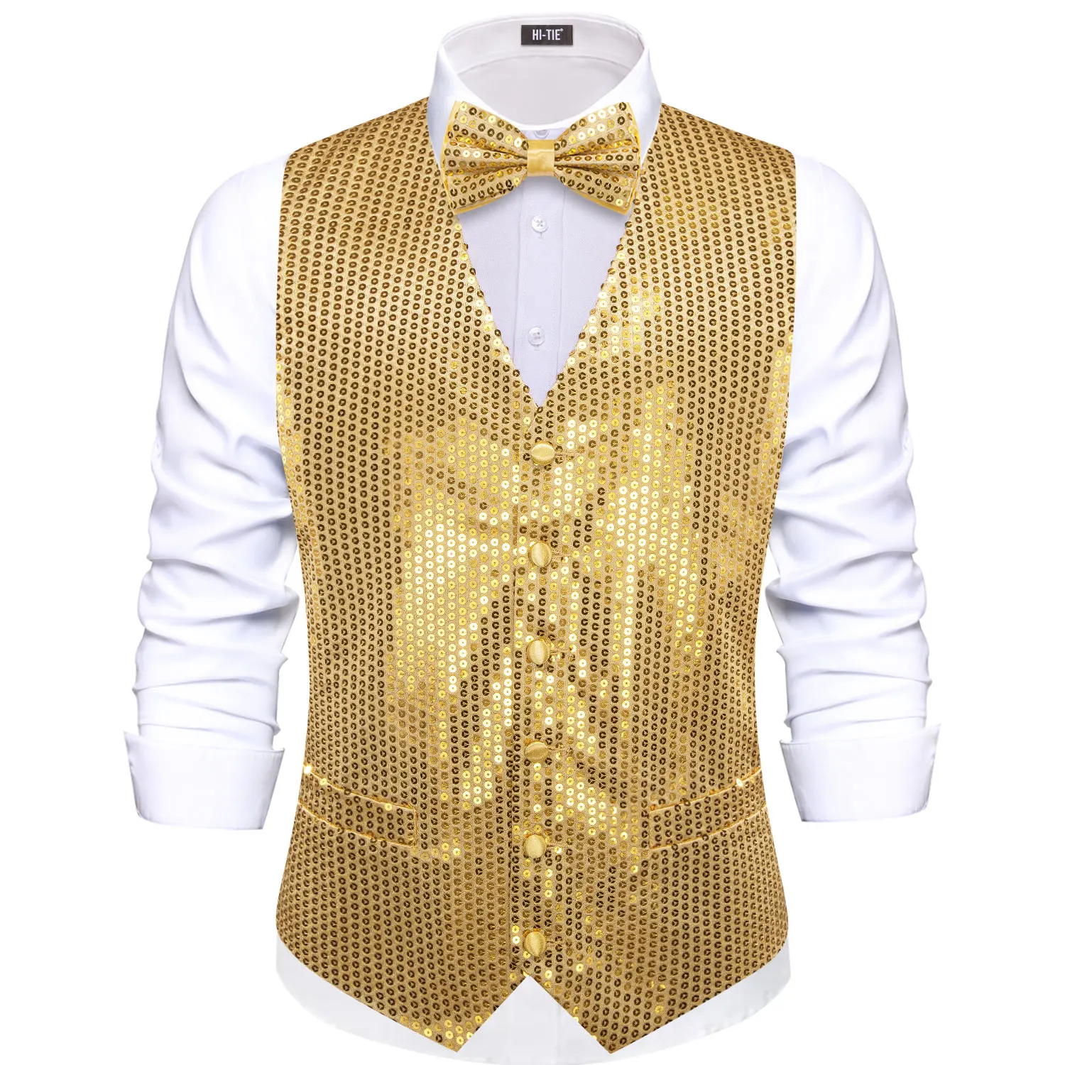 Hi-Tie Jacquard Yellow Gold Sequin Collar Suit Vest Slim Fit Waistcoat for Wedding Groomsmen V-Neck Tuxedo Sleeveless Jacket