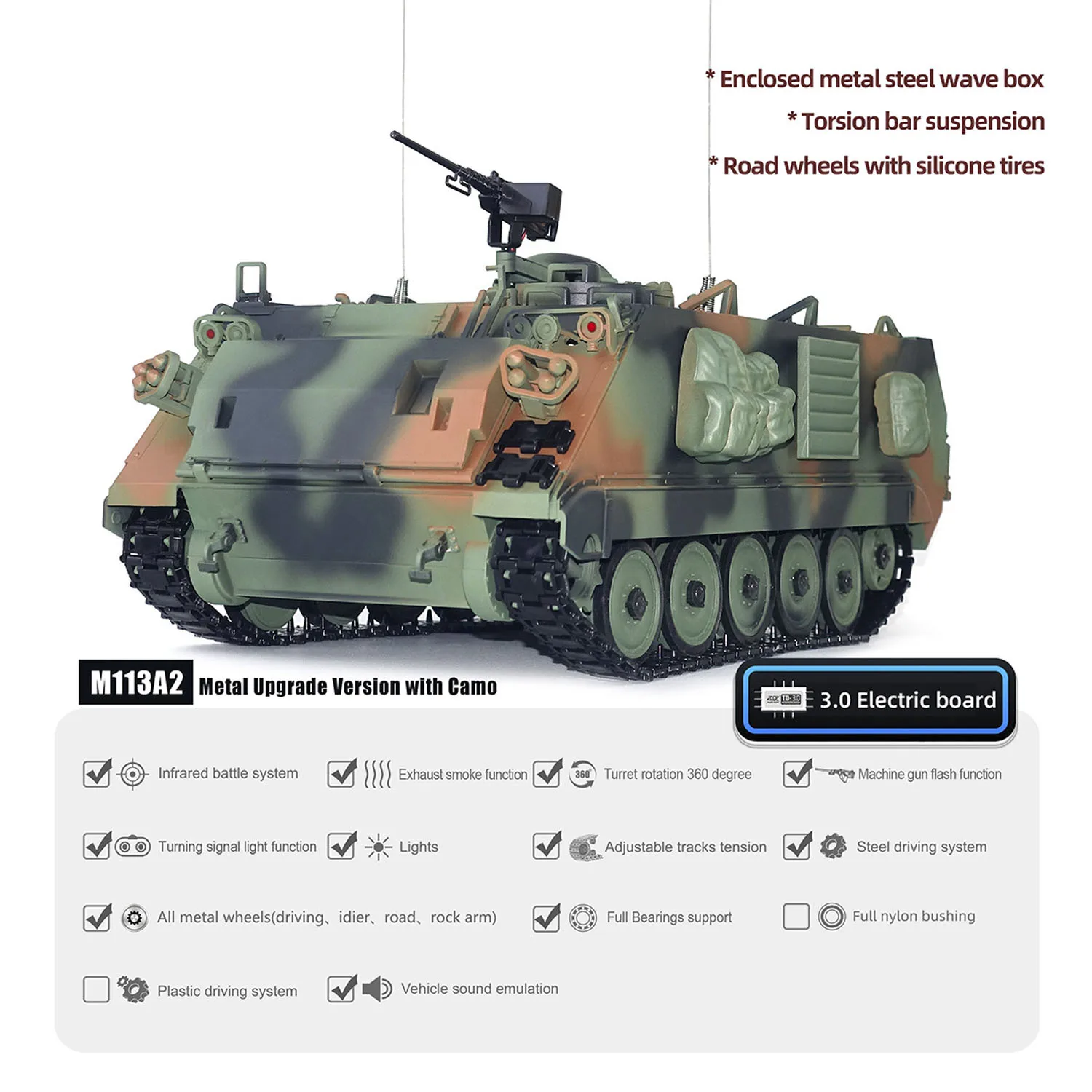 Czołg RC 1/16 TD M2412-C M113A2 APC z podczerwienią, obrotową wieżyczką sterowaną elektrycznie o 360 stopni, metalowymi kołami, pojazd wojskowy, prezent Panzer