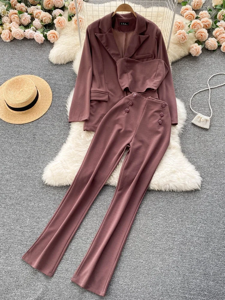 Women Streetwear Blazer Three Piece Sets Spring Autumn Casual Jacket and High Waist Pencil Pants Outfits Elegant Suits