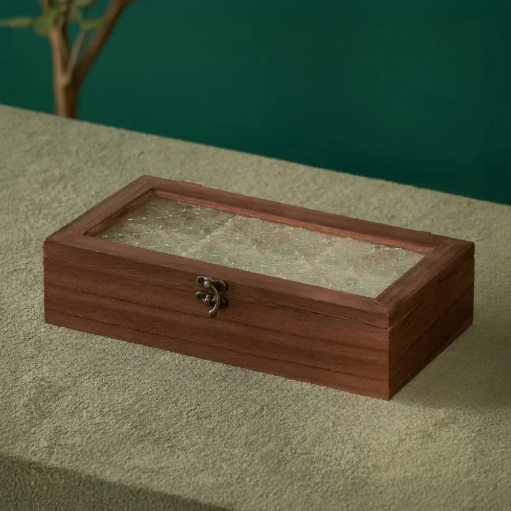 خمر صندوق تخزين المجوهرات الخشبية الزخرفية Crabapple زهرة غطاء زجاجي صندوق مجوهرات غطاء الوجه فرز سطح المكتب