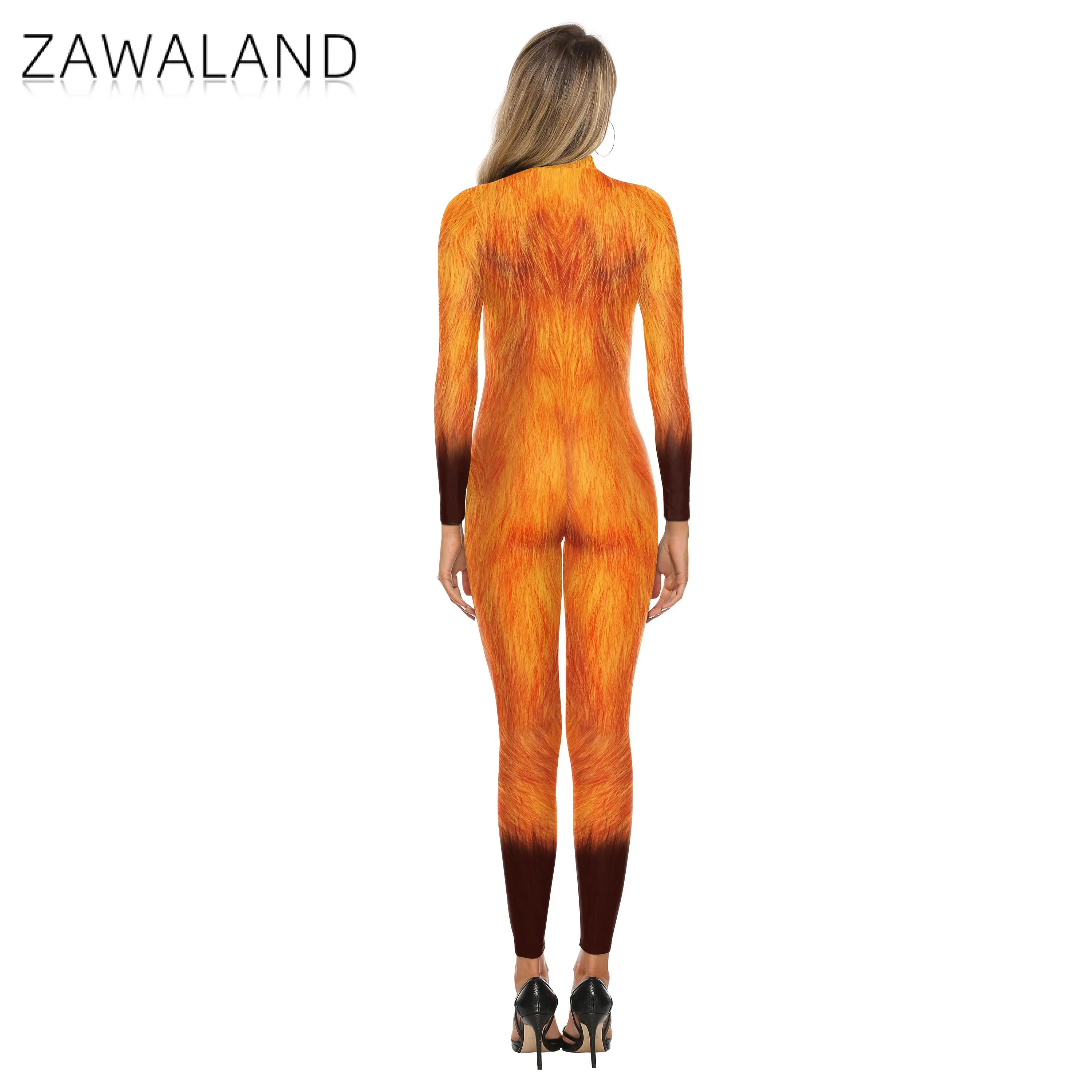 Zawaland Karneval Party Overall Ganze Kostüme 3D Fuchs Gedruckt Catsuit mit Schwanz Zentai Cosplay Kostüm Fitness Spandex Outfit