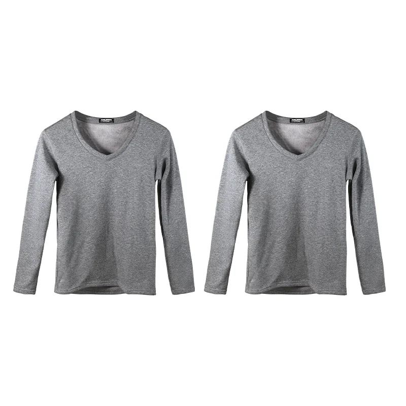 2PCS Men's Autumn Clothes Single-piece V-neck Cold-proof Thickened Fleece Skinny Youth Bottom Cotton Sweater Warm Top