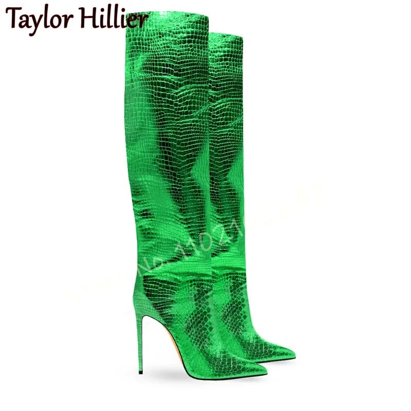 Green Snake Print Straight Boots Women'S Pointed Toe Stiletto Slip-On Knee-High Boots Fashion Casual Nightclub Dinner Long Boots