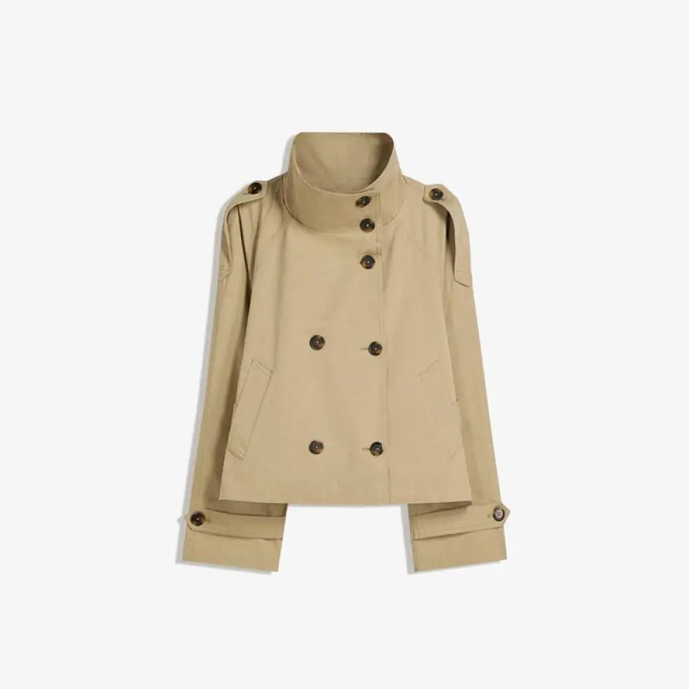 CH Damen Maßgeschneiderter Zweireihiger Stehkragen-Trenchcoat mit Schulterriemen und Manschetten-Schnallen für Business und Pendeln – Detail 7