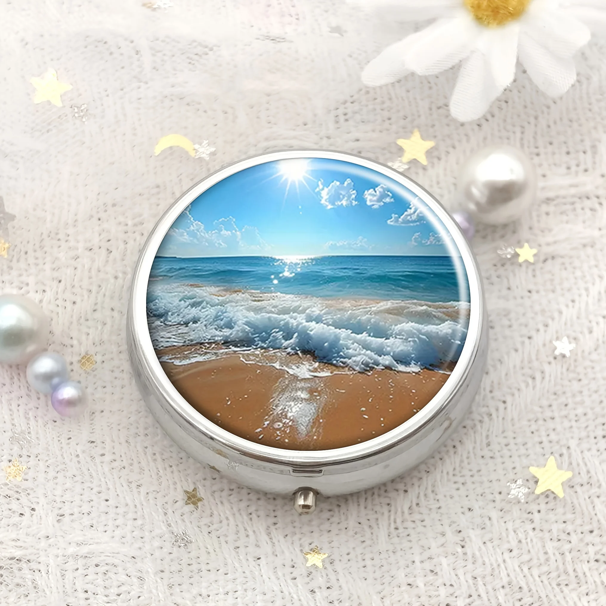 Charming Blue Sky Pill Box - Compact Round Metal Box for Vitamins and Medicines,Portable Pocket Size Organizer