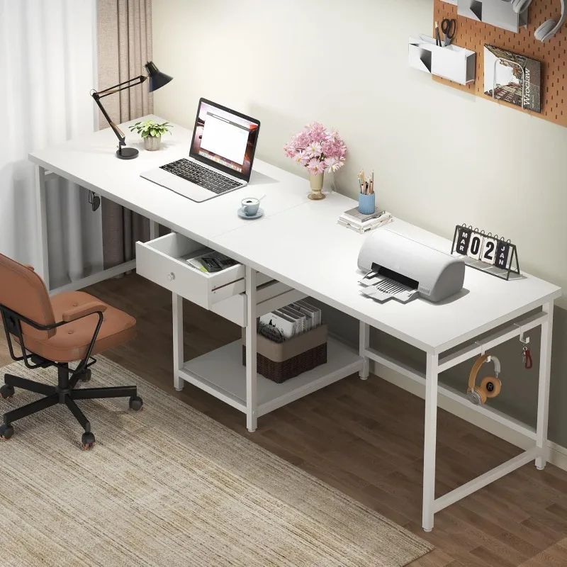 Double Desk with 2 Drawers, Two Person Desk Long Computer with Storage Shelves, Writing Table Study for Home Office