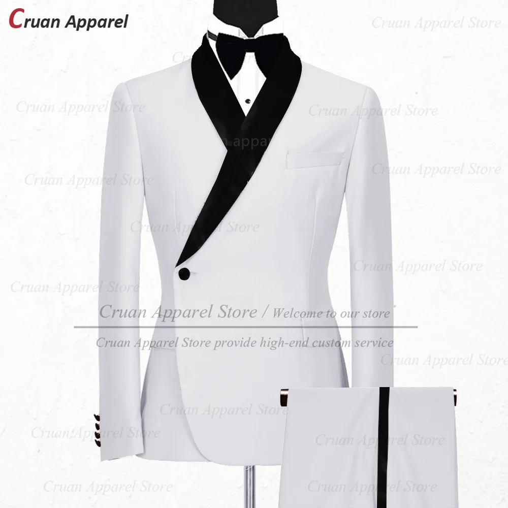 Fashion White Suits for Men Elegant Black Velvet Shawl Lapel Jacket with Pants 2 Pieces Prom Dinner Wedding White Tuxedo for Men