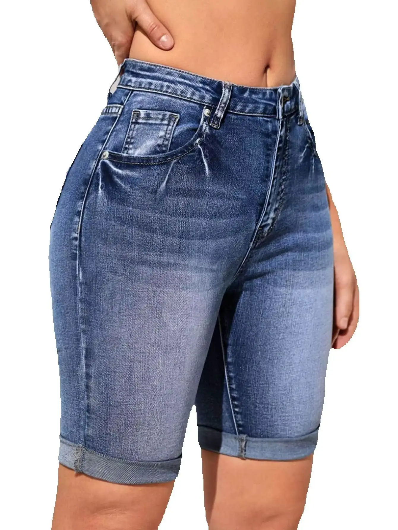 2025 Summer New Women's High Waist Curled Denim Shorts Fashion Casual High Elasticity Slim Knee Length Jeans Shorts