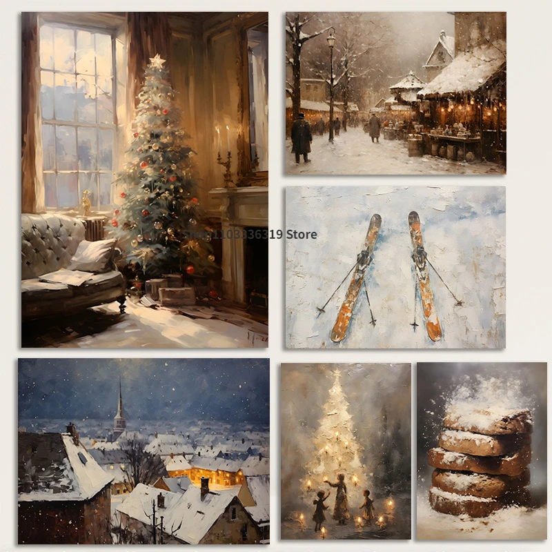 Vintage Winter/Christmas Ski Snow Rural Landscape Art Poster Canvas Painting Wall Print Picture for Living Room Home Decor