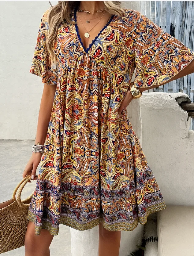 Vacation Dress Woman Casual Elegant Vintage Floral Print V-Neck Dress for Woman Elegant Casual A-Line Short Sleeved Y2K Dress