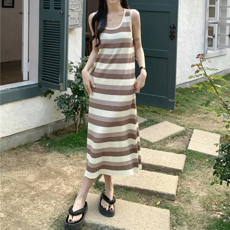 

Boring Honey Women's Dress Fashion Sriped Knitting Ankle-Length Skirt Summer New In Dresses O-Neck Sleeveless Vest Skirts Women