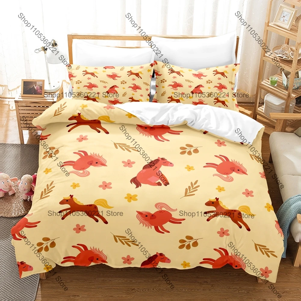 2026 Cartoon Horse Bedding Set Single Twin Full Queen King Size Bed Set Adult Bedroom Duvetcover Sets Anime Bed Sheet Set