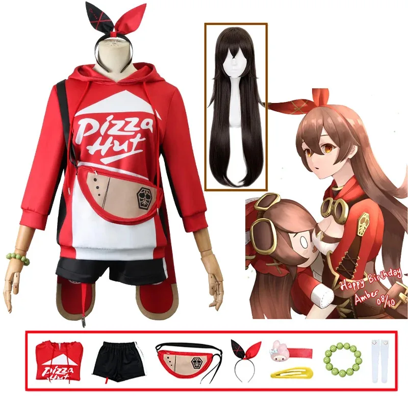

Impact Amber X Pizzahhuting Косплей Костюм Янтарный парик для косплея Красный свитер с капюшоном Одежда Хэллоуин Карнавальный костюм