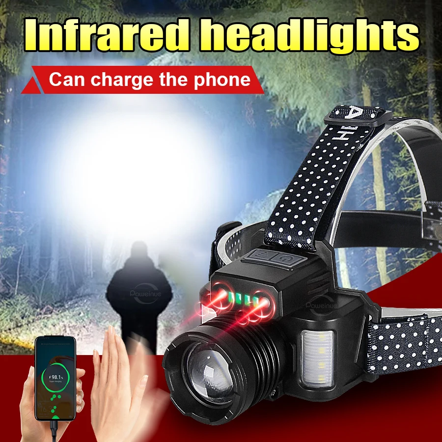 2026 NEW Powerful IR Sensor Headlamp Zoomable Rechargeable LED Headlight Built-in battery 1800M Head Flashlight Fishing Lantern