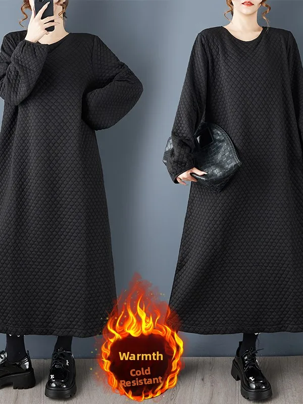 예술적 스타일 심플한 겨울 롱 드레스 여성용 루즈 플러스 사이즈 슬림 드레스 브랜드 태그 제거 편안한 따뜻함 패션