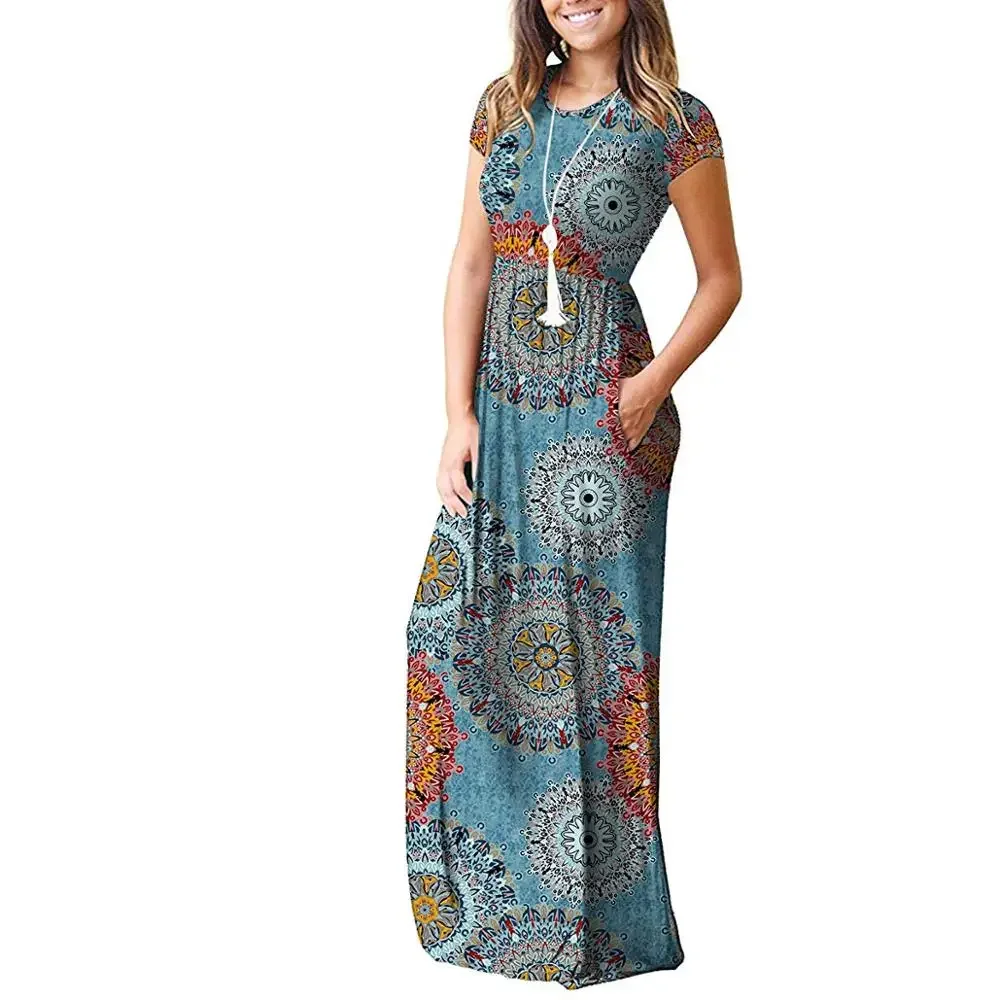 Short Sleeve Summer Pleated Empire Waist Round Neck Floral Maxi Long Pockets Dress