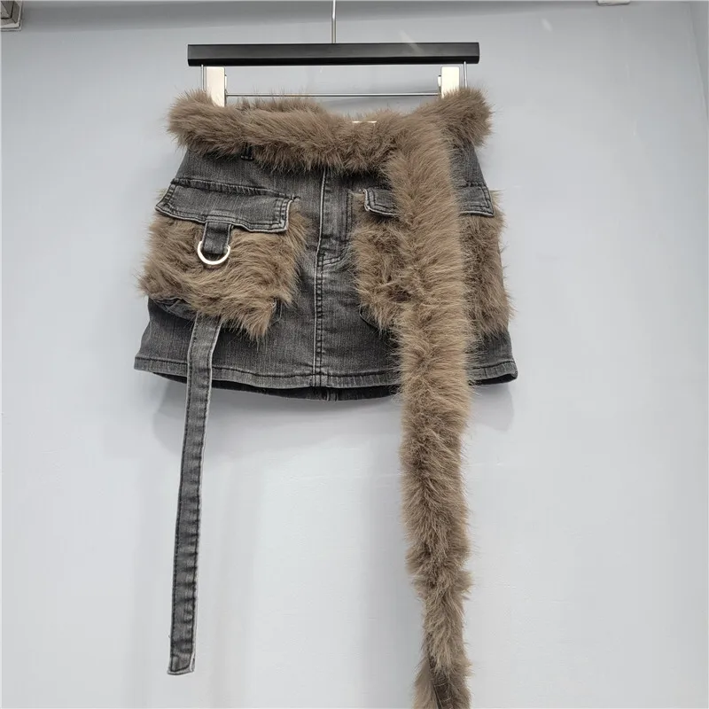 WTHT 2025 Winter Mode Nieuwe vrouwen Gesplitst Pluche Lint Cargo Denim Rokken Hoge Taille Wrap Hip Mini Rok Vrouwelijke 1LS 2760