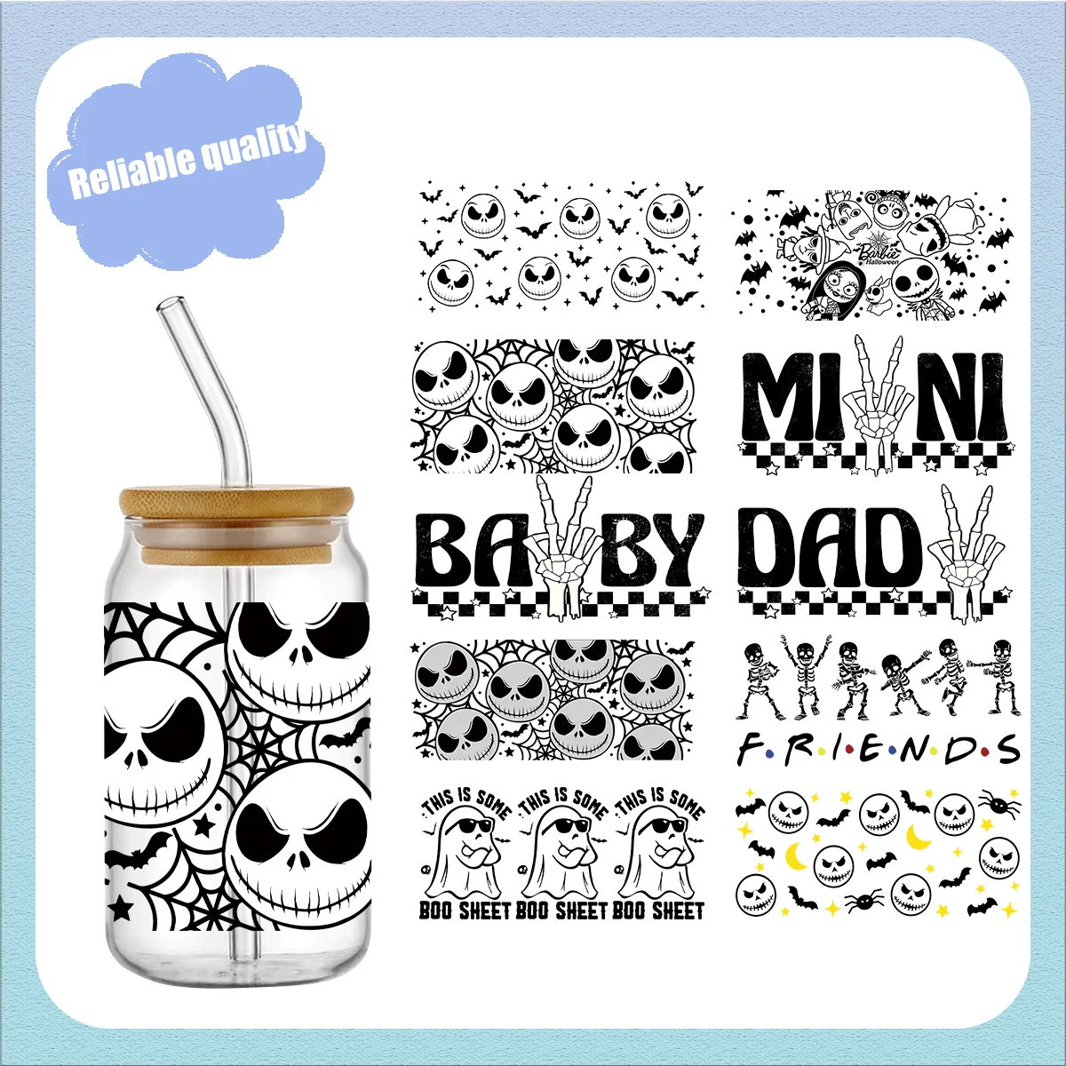 

Hallowen Design 3D UV DTF Wraps Stickers Cute Wraps For 16 OZ Glass Libbey Selfadhesive Washable DIY Custom Cups Wrap Stickers