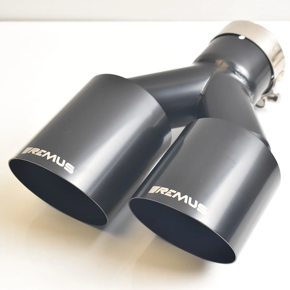 VREMUS Dual Car Exhaust Pipe Modification Glossy Black Stainless Steel Double Muffler Tip Slash Cut - Image 2