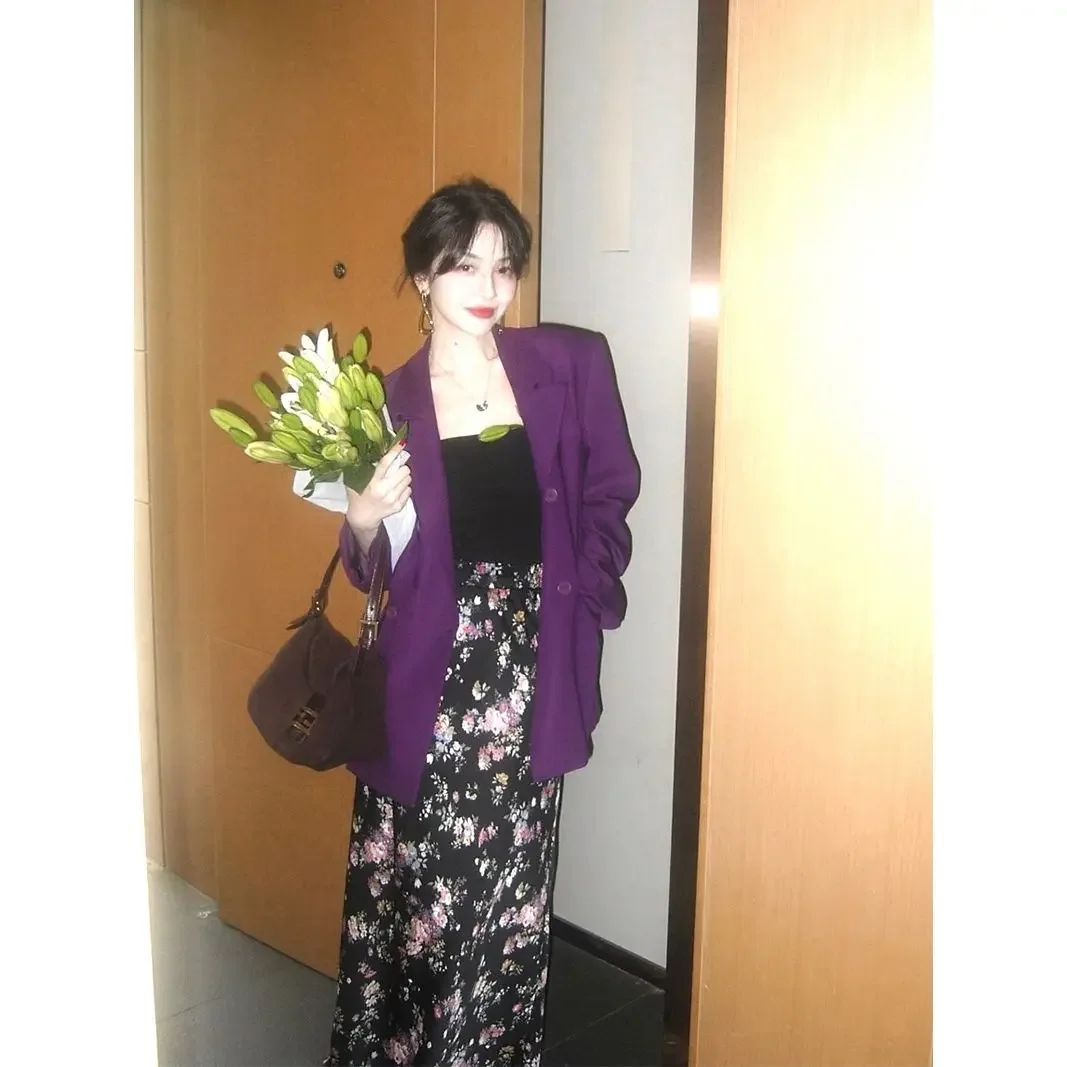 블레이저 Vintage fioletowa marynarka damska kurtka z długim rękawem biurowa, damska koreańska moda płaszcz luksusowej marki garnitury płaszcze
