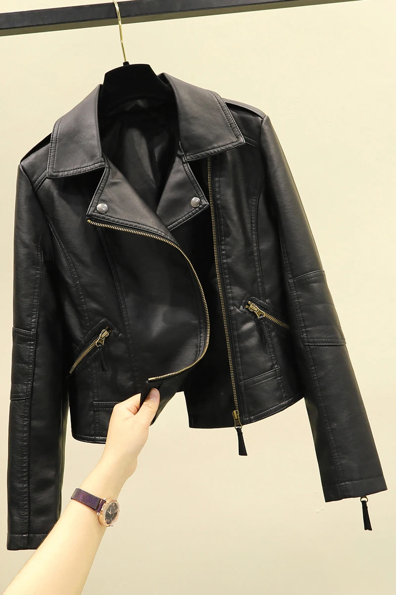 Leather Coat Women's New Spring, Autumn and Winter Closing Women's Short Velvet Slim-Fitting Biker Leather Jacket Long Sleeve