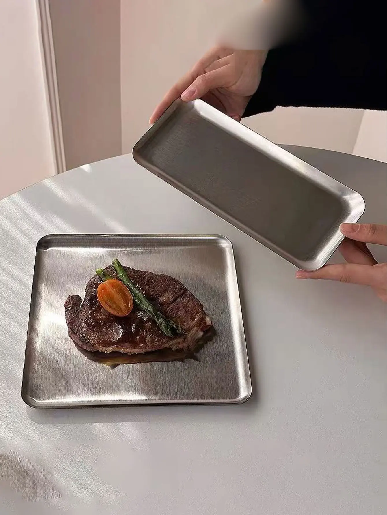 Korean-Style 304 Stainless Steel Rectangular Cafe Tray with Straight Edges, Silver Barbecue Plate, Flat Plate, Dessert Cake Plate, 1 Piece