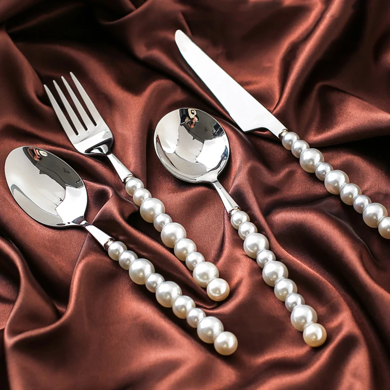 1/3/4Pcs Pearl Cutlery Set Western 18/10 Stainless Steel Tableware Wedding Diamond Inlaid Dinnerware Knife Fork Spoon Gift