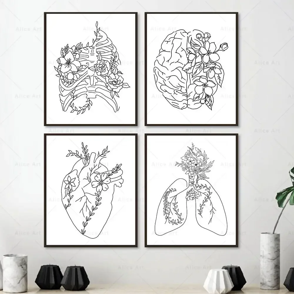 Scandinavian Minimalist Wall Art Floral Anatomy Heart Brain Bones HD Canvas Poster Prints Home Bedroom Living Room Decoration