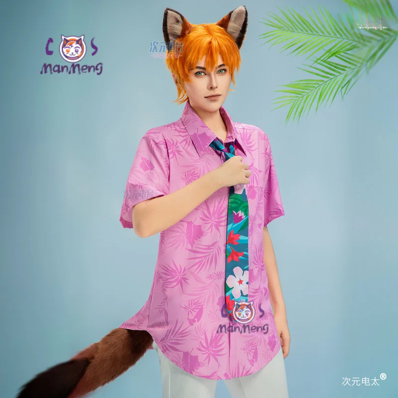 

Nick Wilde Movie Fox Anime Cosplay Men Woman Halloween party Casual T-shirt, purple leaf top ear and tail prop casual set