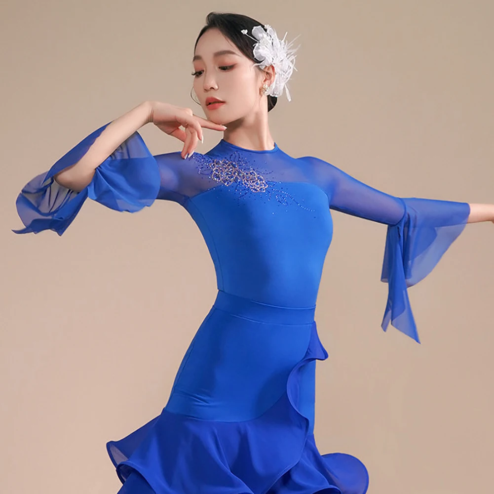 

Костюм для бальных танцев Waltz Red Ballroom Performance Top: женский комбинезон для современных танцев с длинными рукавами, украшенный стразами, королевский синий, черный, для тренировок.