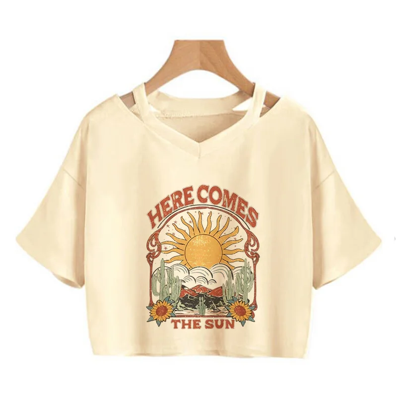 HERE COMES THE SUN Graphic Crop Tops Y2K Retro Geometric Sun and Floral Print Cropped T Shirt Women's Vintage Clothes Outfit